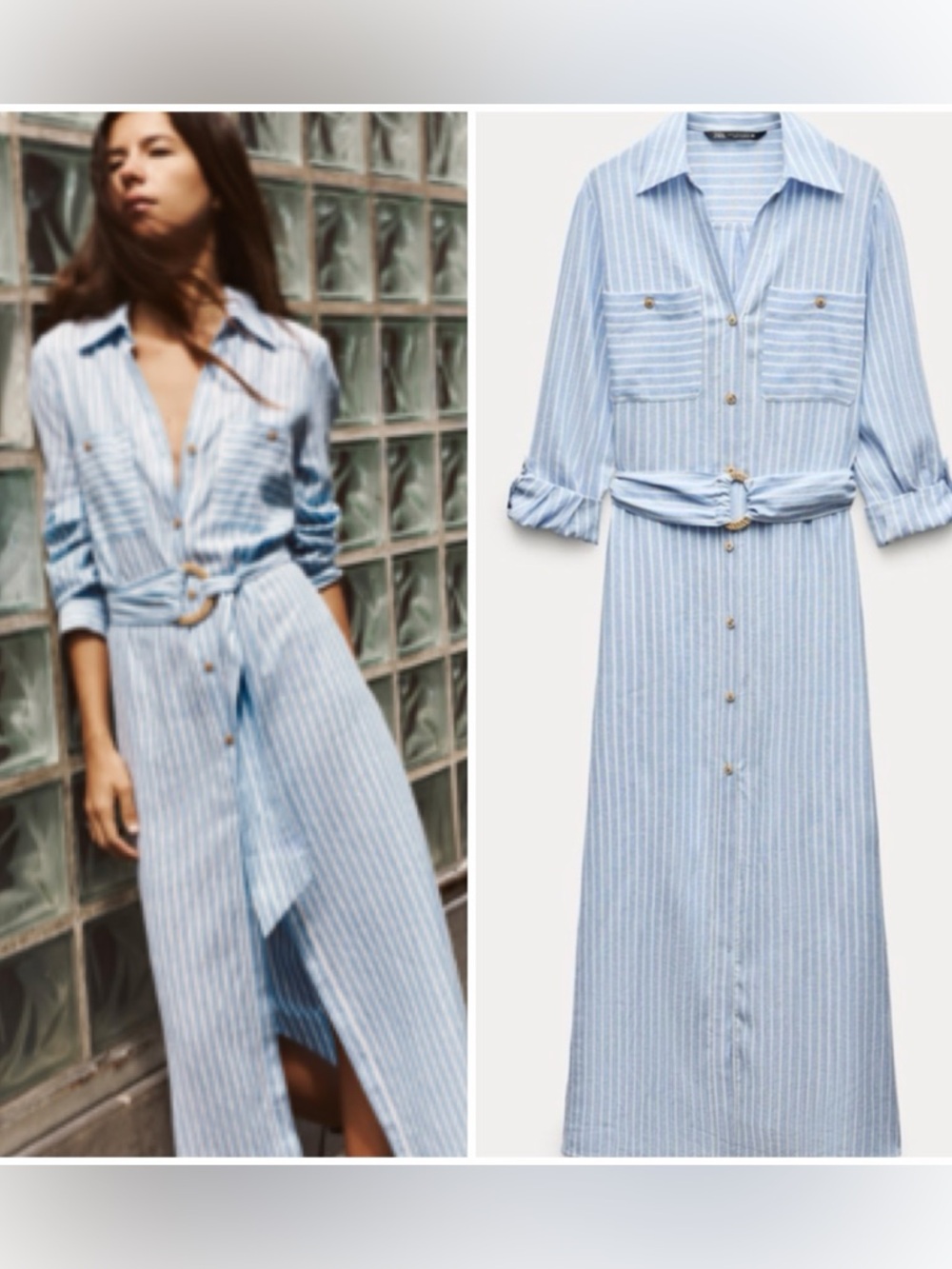 Zara NWT Linen Blend Striped Midi Shirt Dress size L